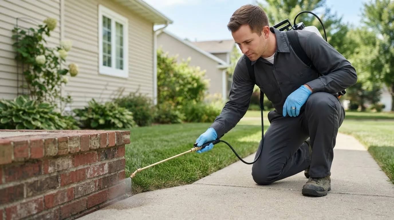 Pest control technician treating a home near East Dover, VT